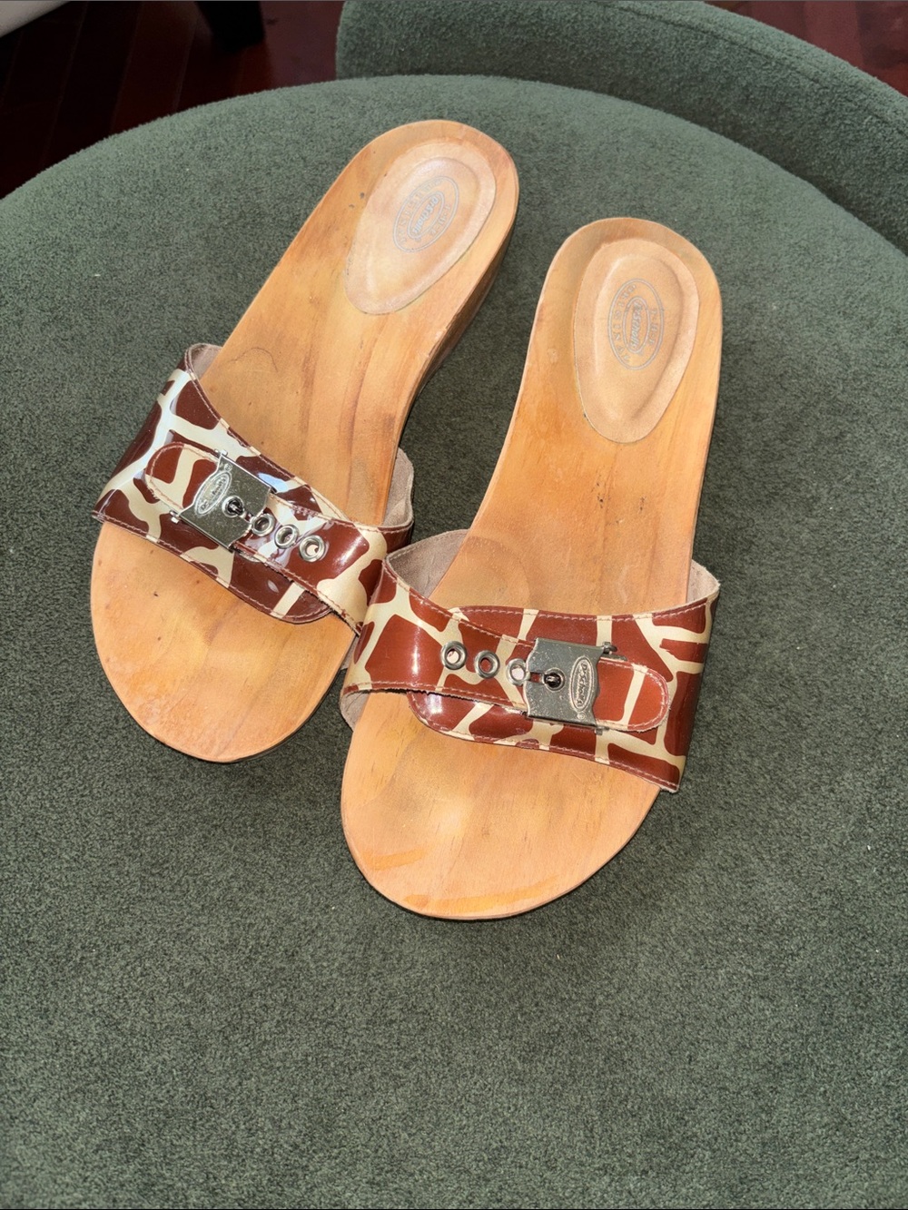Dr. Scholl's Giraffe Print Brown and Cream Patterned Leather Slide Clogs